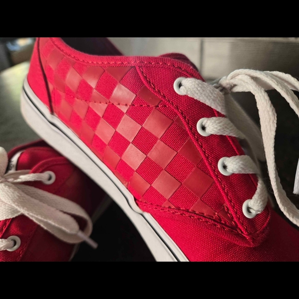 Vans Red and White Canvas Sneakers with Checkerboard Design